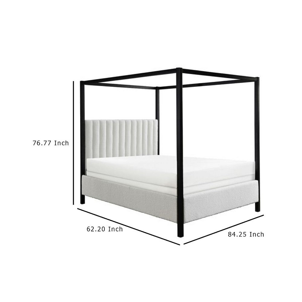 Gena Queen Canopy Bed | Channel Tufted White Boucle Upholstery | Black