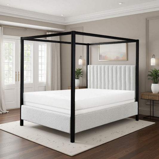 Gena Queen Canopy Bed | Channel Tufted White Boucle Upholstery | Black