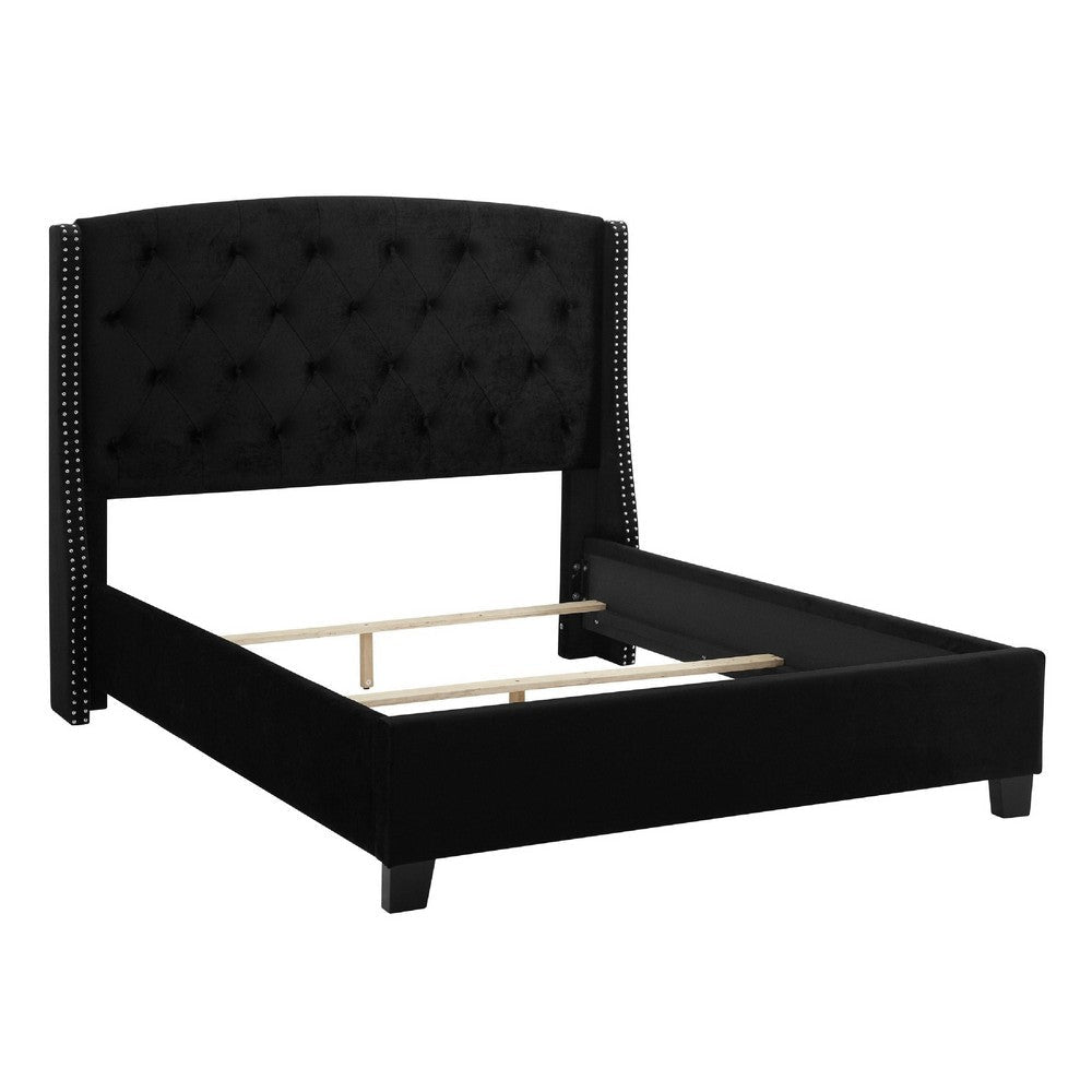 Elle King Size Bed | Tufted Wingback Headboard Black Velvet Upholstery
