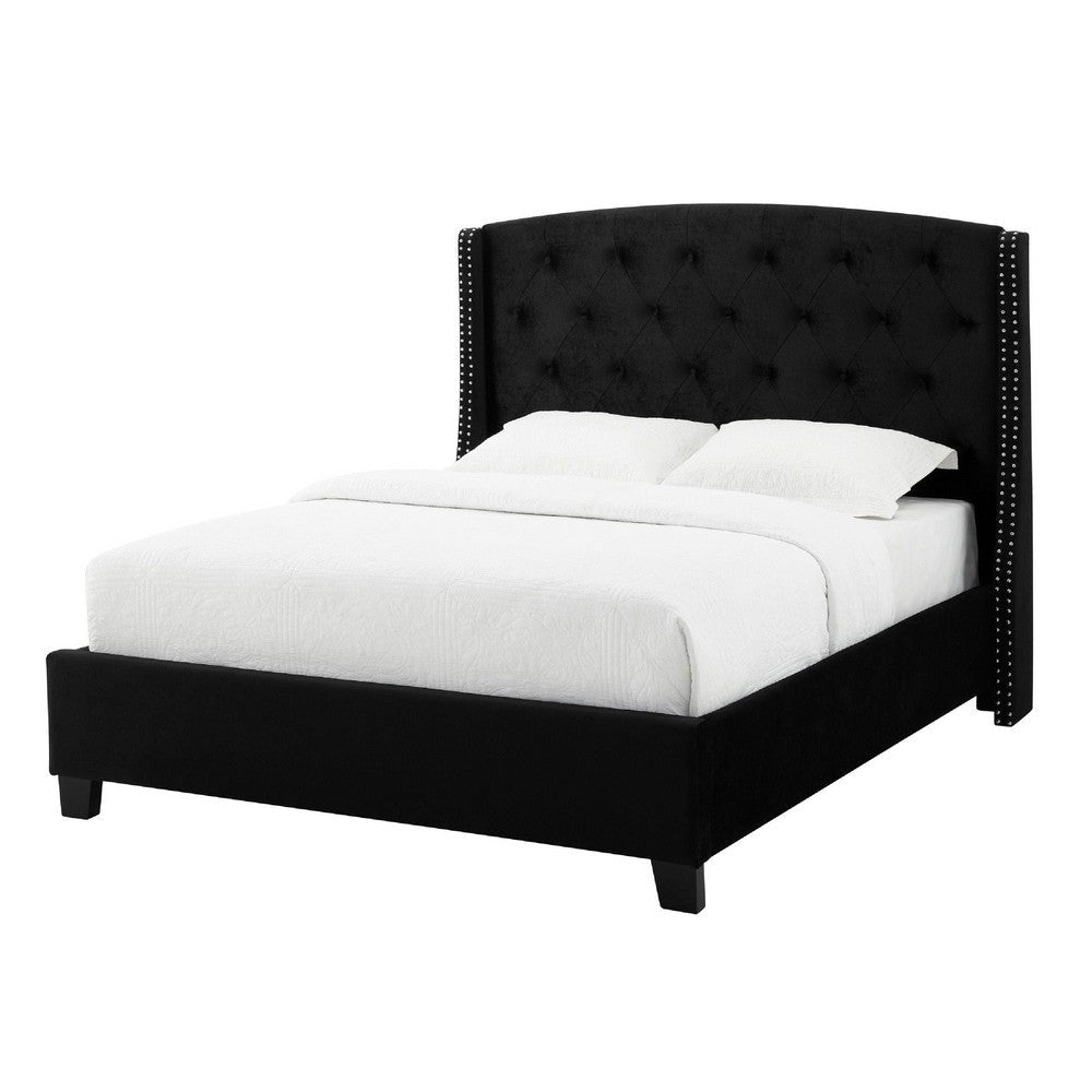 Elle King Size Bed | Tufted Wingback Headboard Black Velvet Upholstery