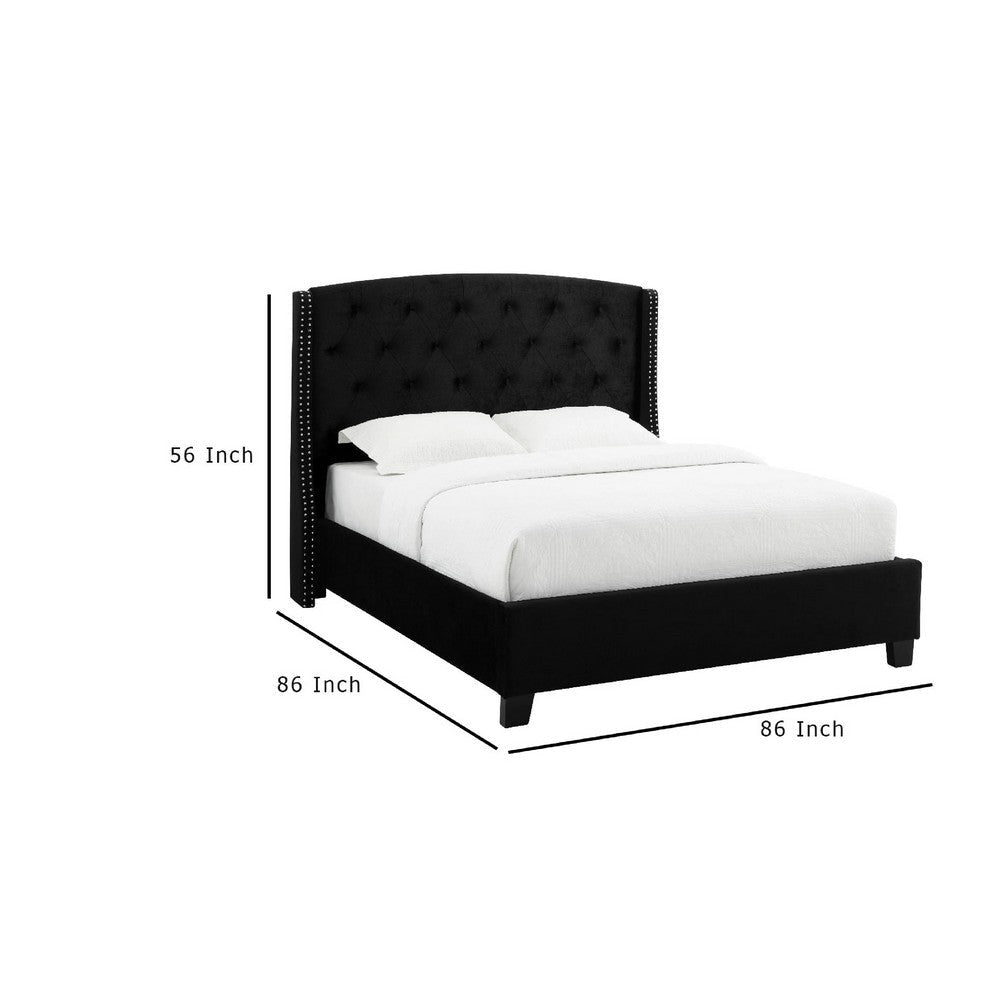 Elle King Size Bed | Tufted Wingback Headboard Black Velvet Upholstery