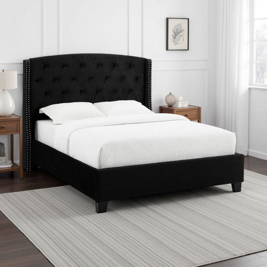 Elle King Size Bed | Tufted Wingback Headboard Black Velvet Upholstery