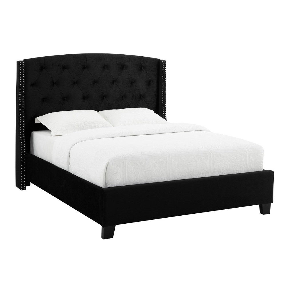 Elle Queen Bed | Tufted Wingback Headboard | Black Velvet Upholstery
