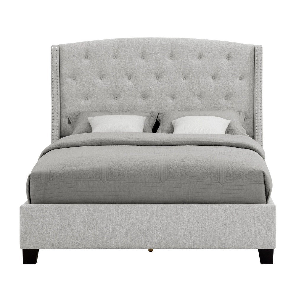 Elle Queen Size Bed | Tufted Wingback Headboard | Dove Gray Upholstery