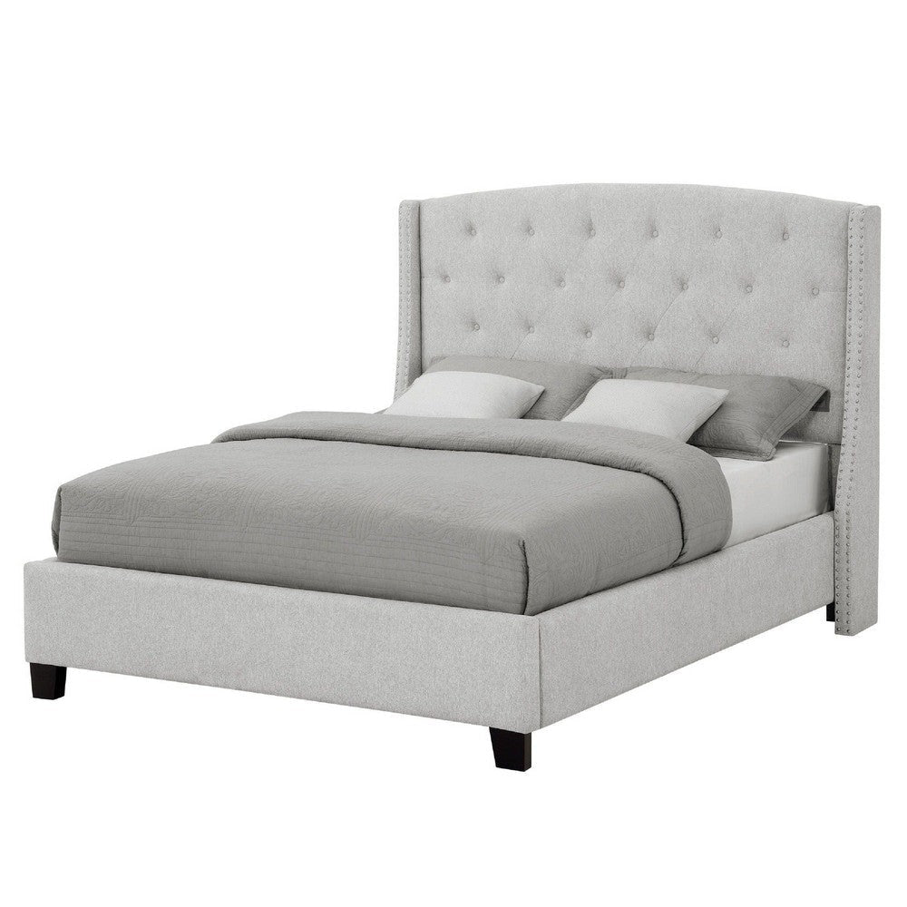 Elle Queen Size Bed | Tufted Wingback Headboard | Dove Gray Upholstery