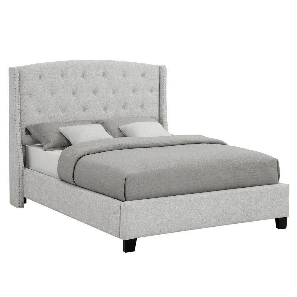 Elle Queen Size Bed | Tufted Wingback Headboard | Dove Gray Upholstery