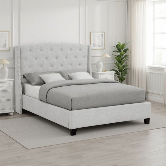 Elle Queen Size Bed | Tufted Wingback Headboard | Dove Gray Upholstery