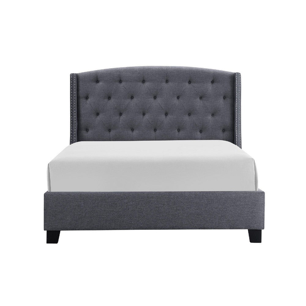 Elle Queen Size Bed | Tufted Wingback Headboard | Dark Gray Upholstery