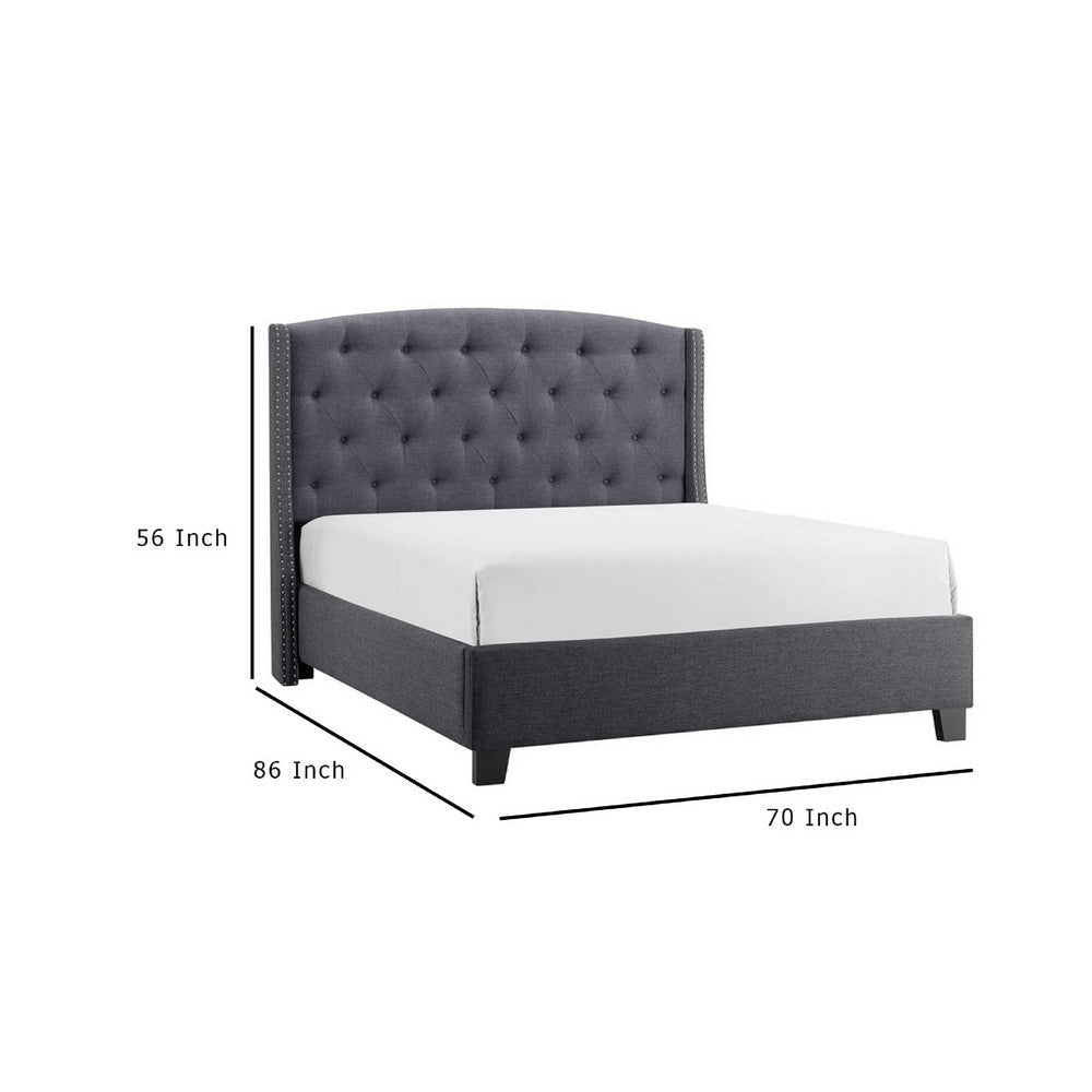 Elle Queen Size Bed | Tufted Wingback Headboard | Dark Gray Upholstery