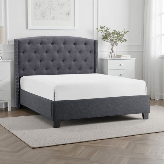 Elle Queen Size Bed | Tufted Wingback Headboard | Dark Gray Upholstery
