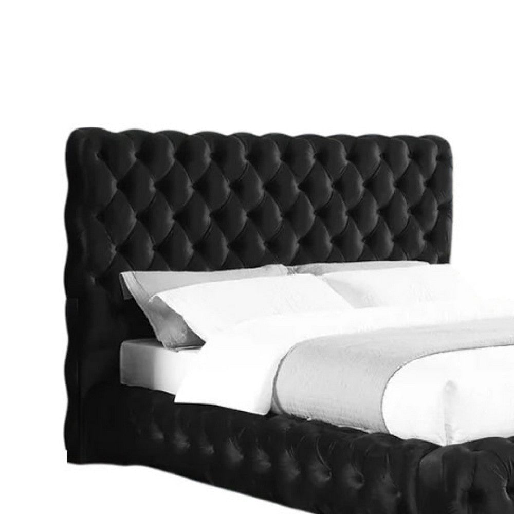 Goy King Bed | Low Profile | Button Tufted Black Velvet Upholstery