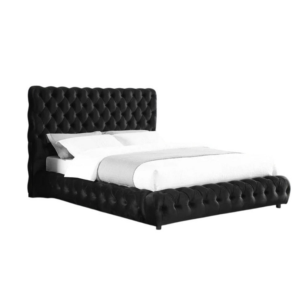 Goy King Bed | Low Profile | Button Tufted Black Velvet Upholstery