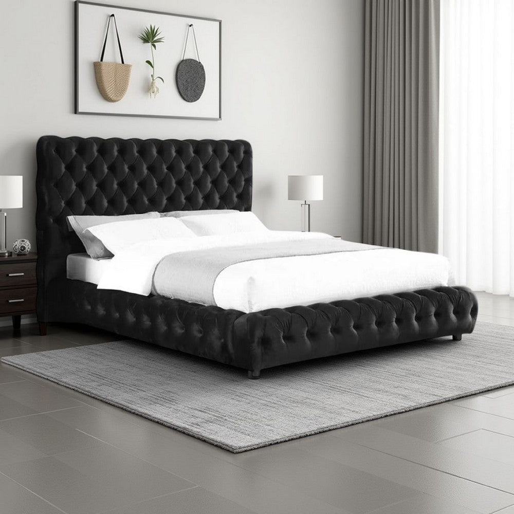 Goy Queen Bed | Low Profile | Button Tufted | Black Velvet Upholstery