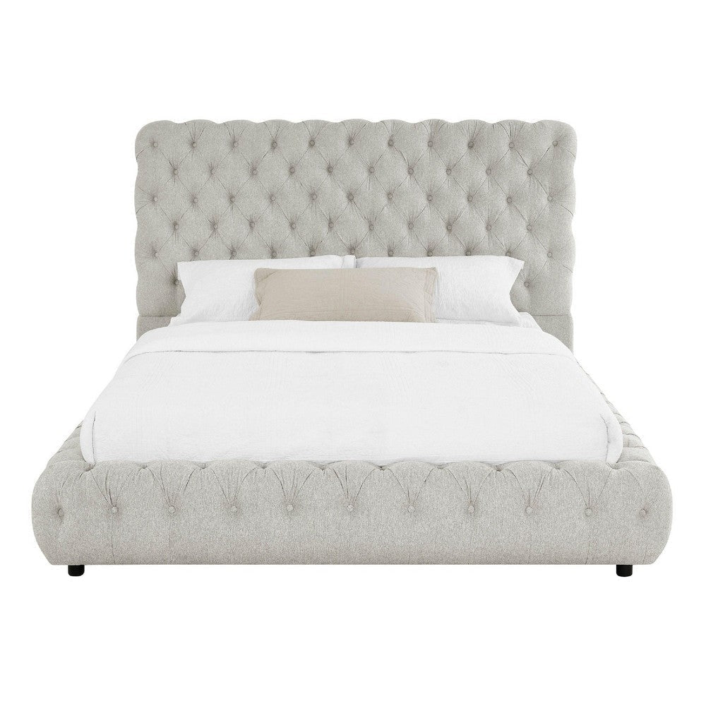 Goy King Size Bed | Low Profile | Button Tufted Gray Fabric Upholstery