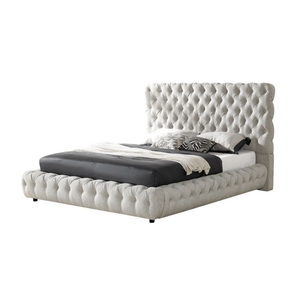 Goy Queen Size Bed | Low Profile Button Tufted Gray Fabric Upholstery
