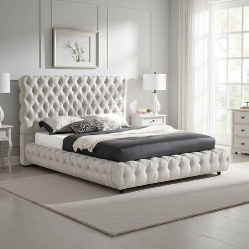 Goy Queen Size Bed | Low Profile Button Tufted Gray Fabric Upholstery