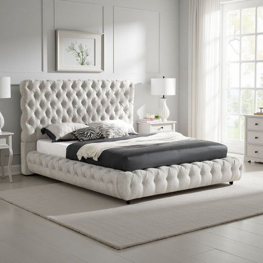 Goy Queen Size Bed | Low Profile Button Tufted Gray Fabric Upholstery