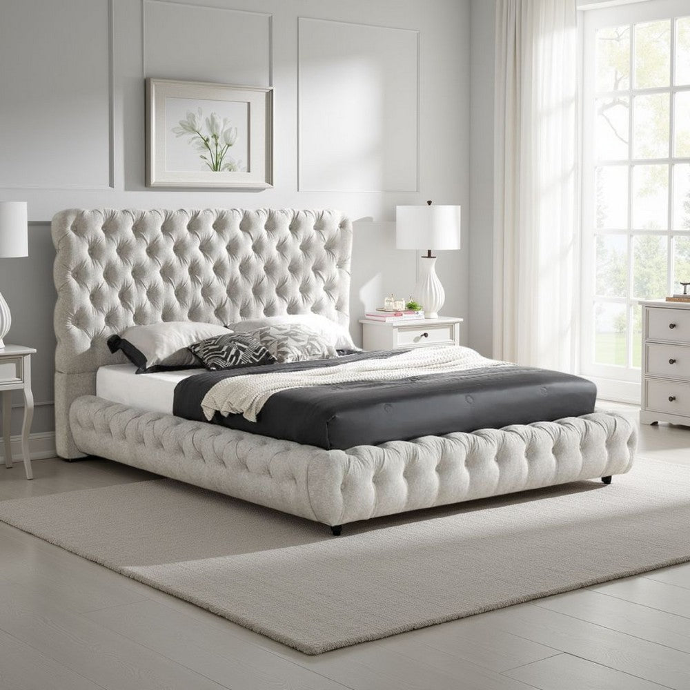 Goy Queen Size Bed | Low Profile Button Tufted Gray Fabric Upholstery
