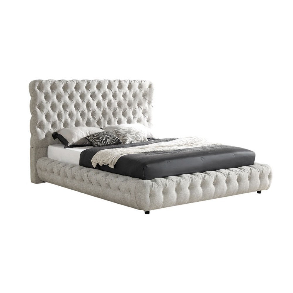 Goy Queen Size Bed | Low Profile Button Tufted Gray Fabric Upholstery