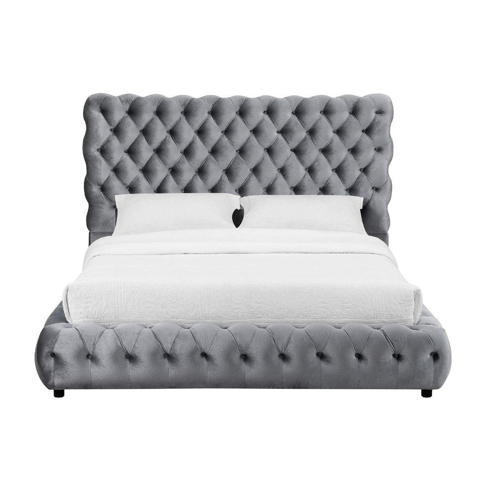 Goy King Bed | Diamond Tufted Gray Velvet Upholstery | Low Profile