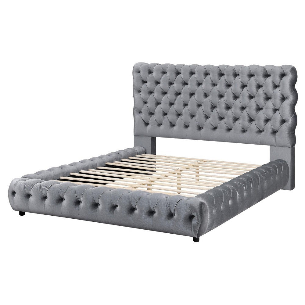 Goy King Bed | Diamond Tufted Gray Velvet Upholstery | Low Profile