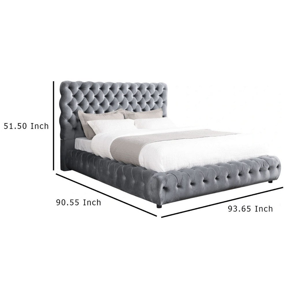 Goy King Bed | Diamond Tufted Gray Velvet Upholstery | Low Profile