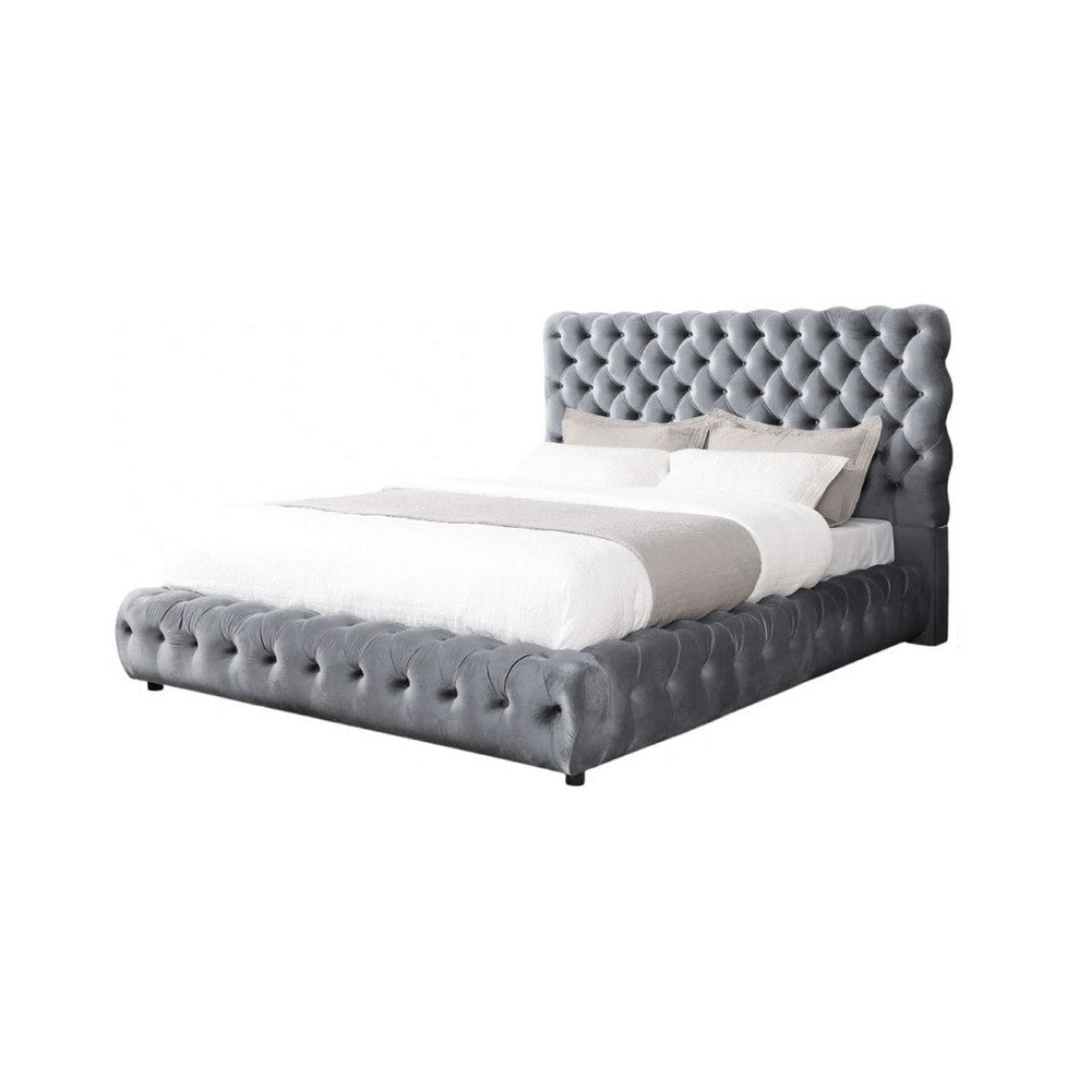 Goy Queen Bed | Diamond Tufted Gray Velvet Upholstery | Low Profile