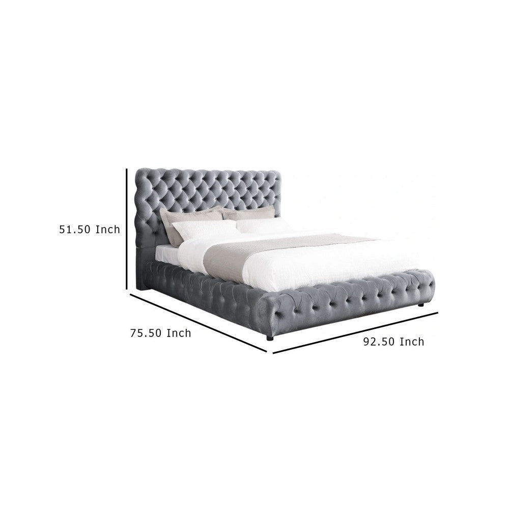 Goy Queen Bed | Diamond Tufted Gray Velvet Upholstery | Low Profile