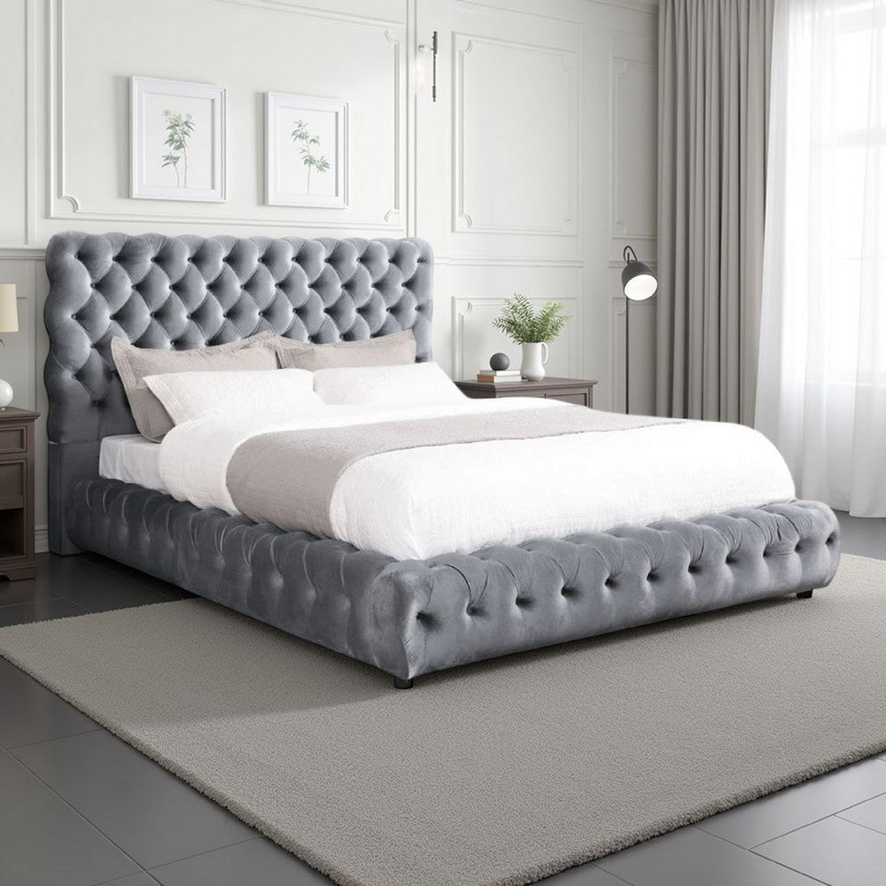 Goy Queen Bed | Diamond Tufted Gray Velvet Upholstery | Low Profile