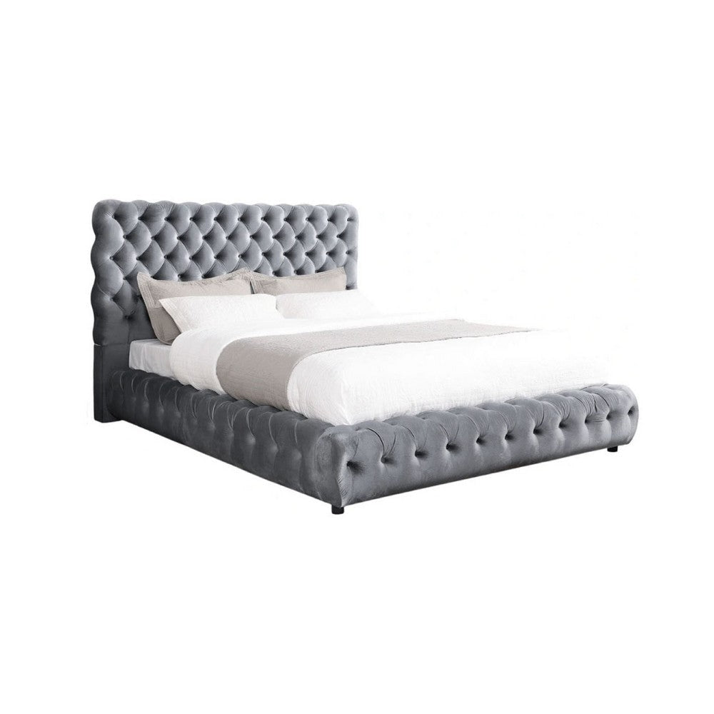 Goy Queen Bed | Diamond Tufted Gray Velvet Upholstery | Low Profile