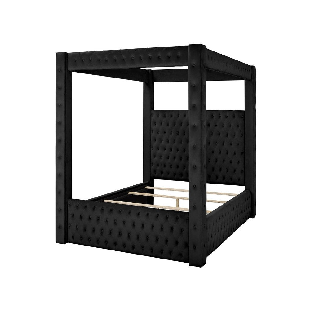 Beli King Size Canopy Bed | Tufted Design | Black Velvet Upholstery