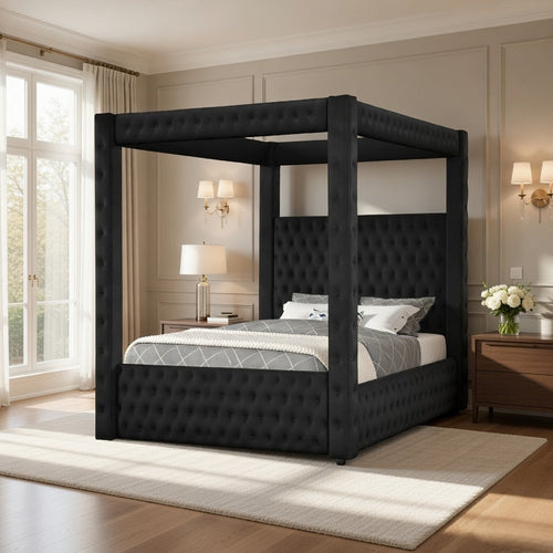 Beli King Size Canopy Bed | Tufted Design | Black Velvet Upholstery