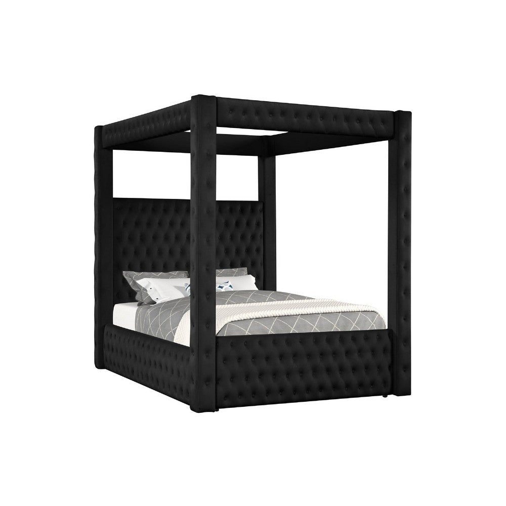 Beli Queen Size Canopy Bed | Tufted Design | Black Velvet Upholstery