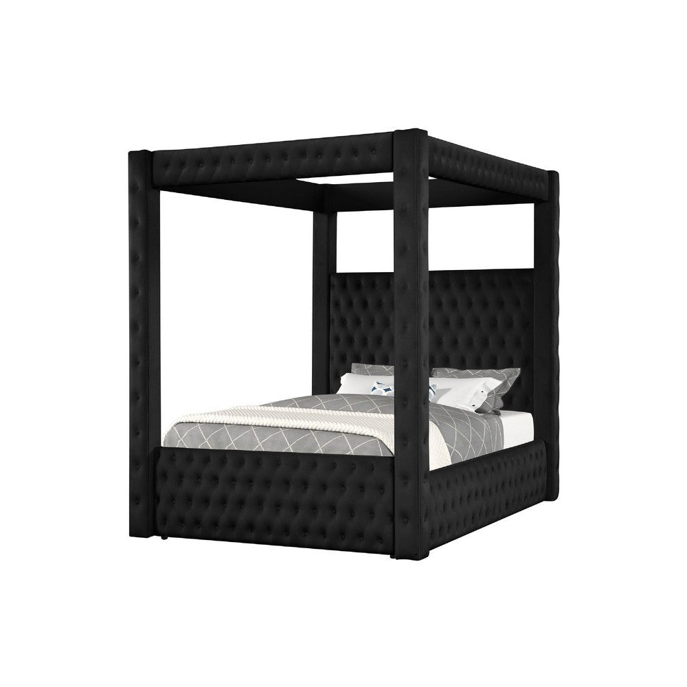 Beli Queen Size Canopy Bed | Tufted Design | Black Velvet Upholstery