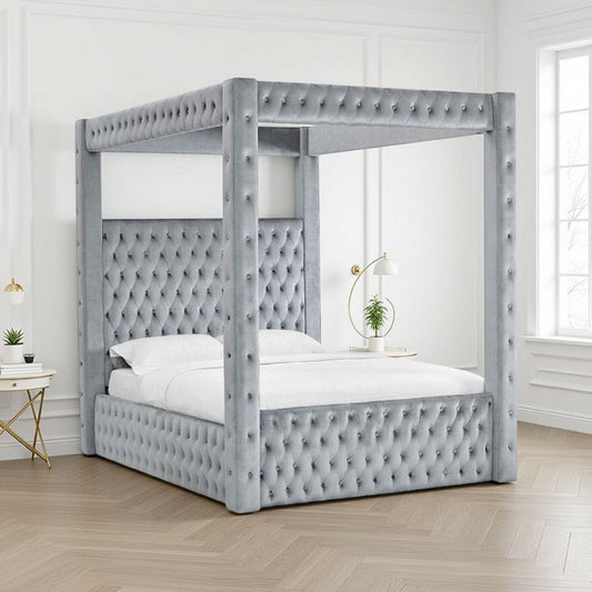 Beli King Size Canopy Bed | Tufted Design | Gray Velvet Upholstery