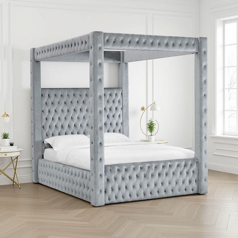 Beli King Size Canopy Bed | Tufted Design | Gray Velvet Upholstery