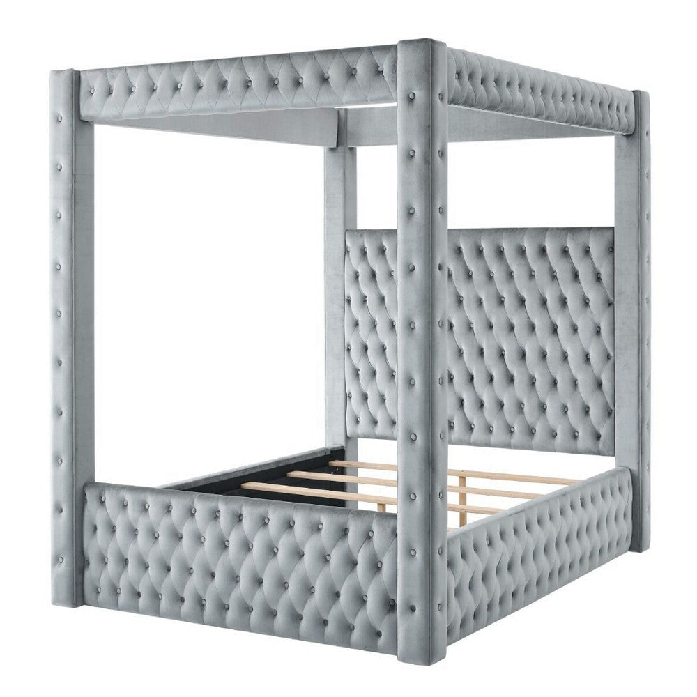Beli Queen Size Canopy Bed | Tufted Design | Gray Velvet Upholstery