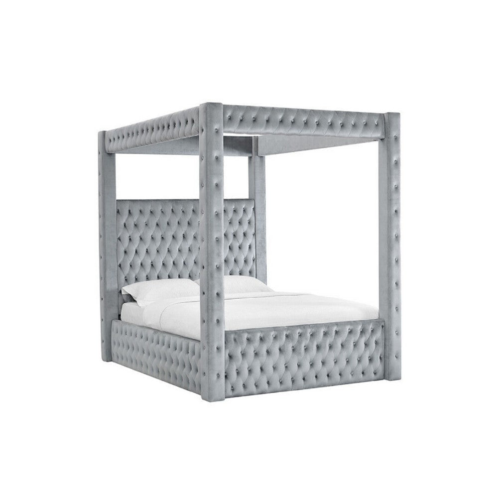 Beli Queen Size Canopy Bed | Tufted Design | Gray Velvet Upholstery