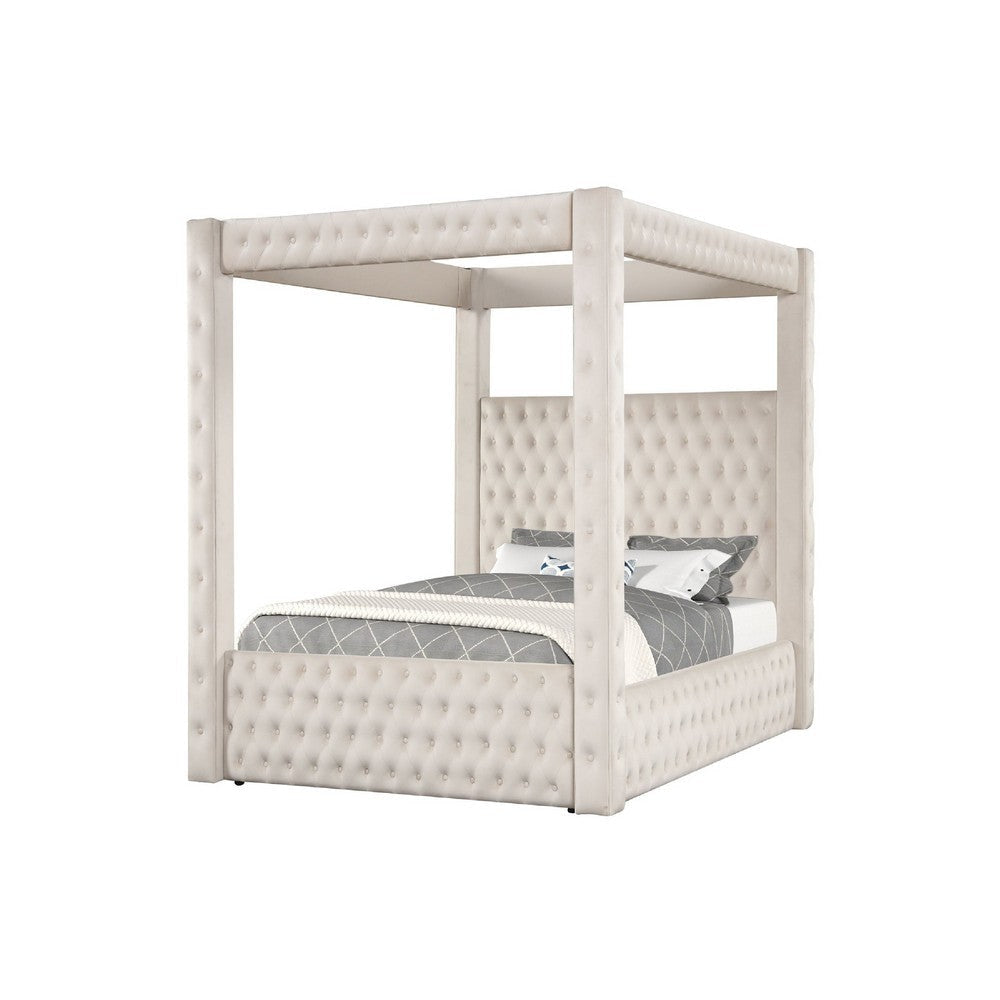 Beli King Size Canopy Bed | Tufted Design | Ivory Velvet Upholstery