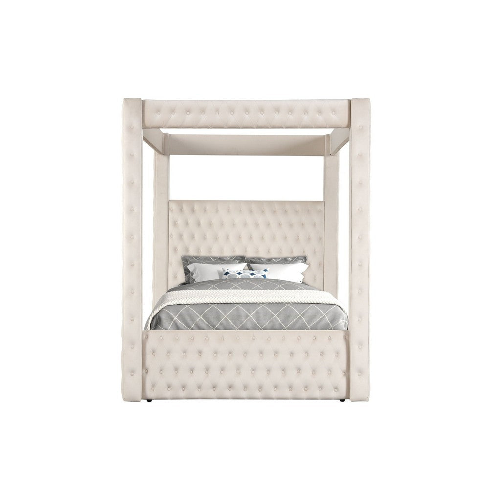 Beli Queen Size Canopy Bed | Tufted Design | Ivory Velvet Upholstery