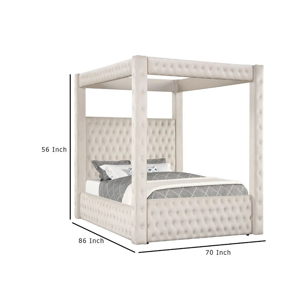 Beli Queen Size Canopy Bed | Tufted Design | Ivory Velvet Upholstery