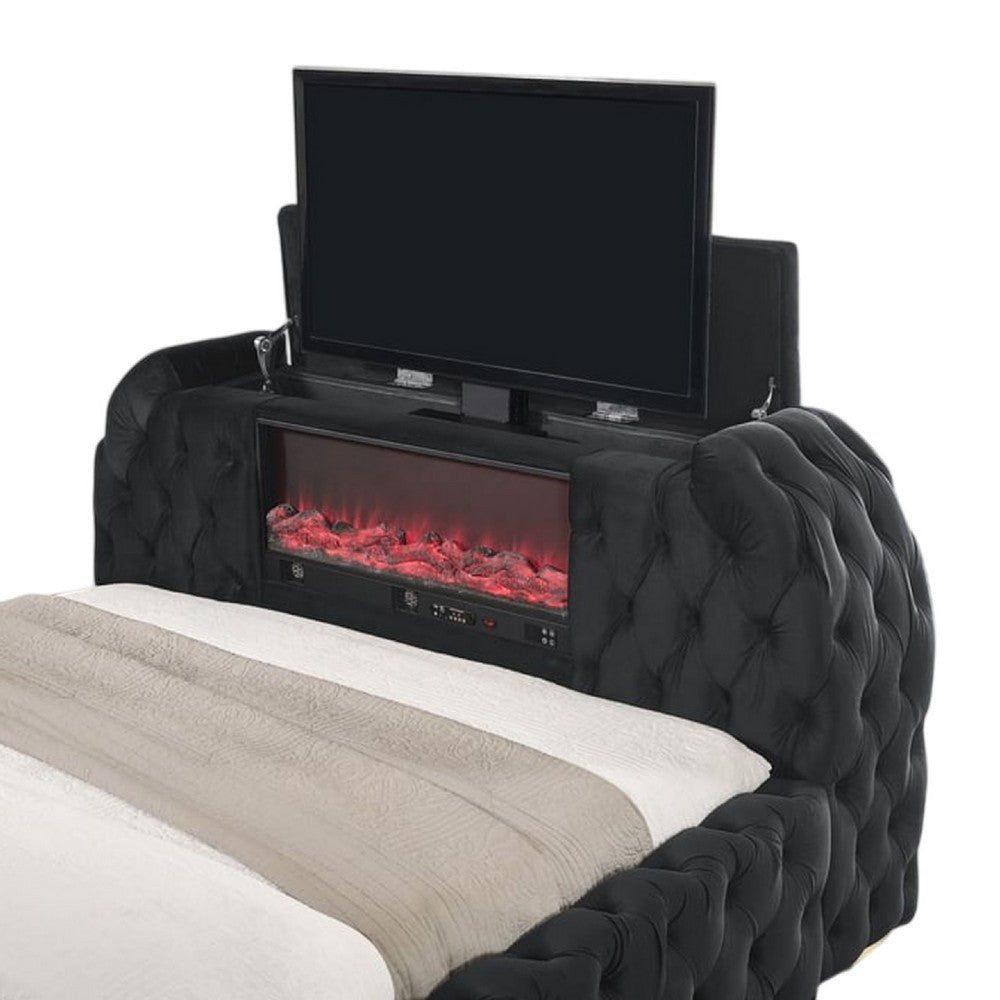 Kery Queen Bed | Lift TV Stand LED Fireplace | Black Velvet Upholstery