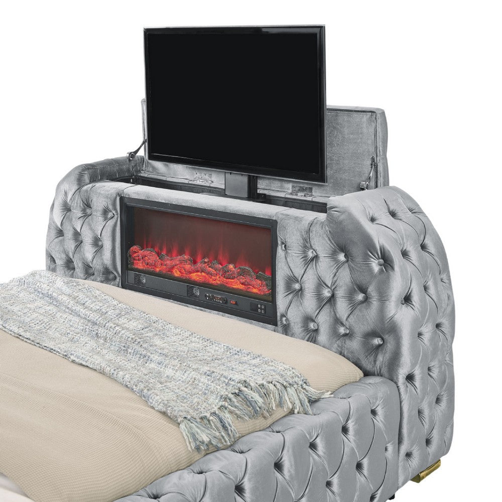Kery King Bed | Lift TV Stand | LED Fireplace | Gray Velvet Upholstery