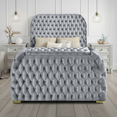 Kery King Bed | Lift TV Stand | LED Fireplace | Gray Velvet Upholstery