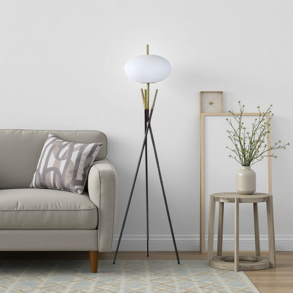 Azy Floor Lamp | Frosted White Shade | Tripod Base | Black Gold | 64"