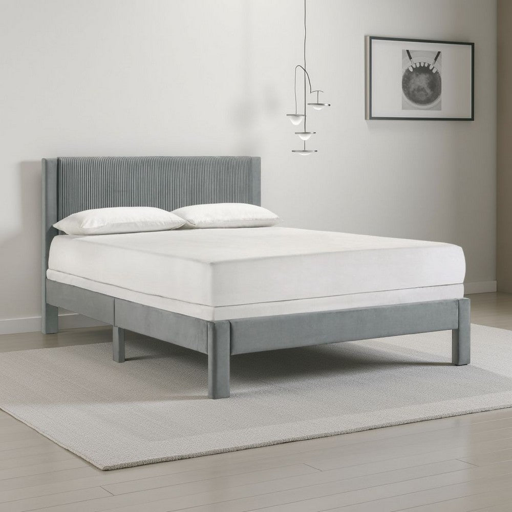 Cery Queen Platform Bed | Light Gray Upholstery Textured Headboard
