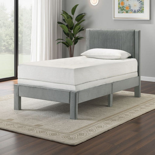 Cery Twin Size Platform Bed | Light Gray Upholstery Textured Headboard