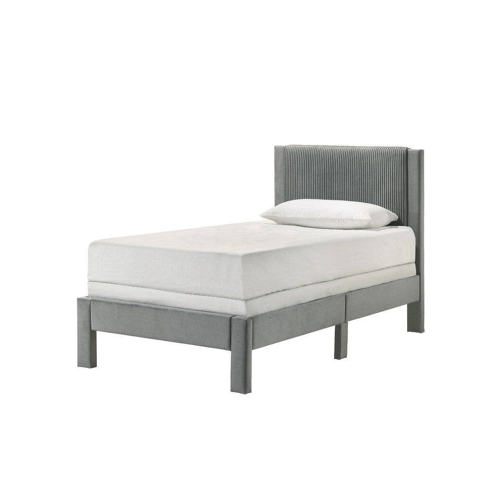 Cery Twin Size Platform Bed | Light Gray Upholstery Textured Headboard