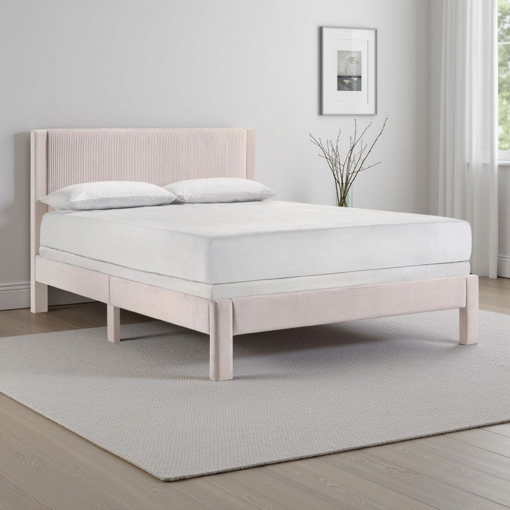 Cery Queen Size Platform Bed | Pink Upholstery | Textured Headboard