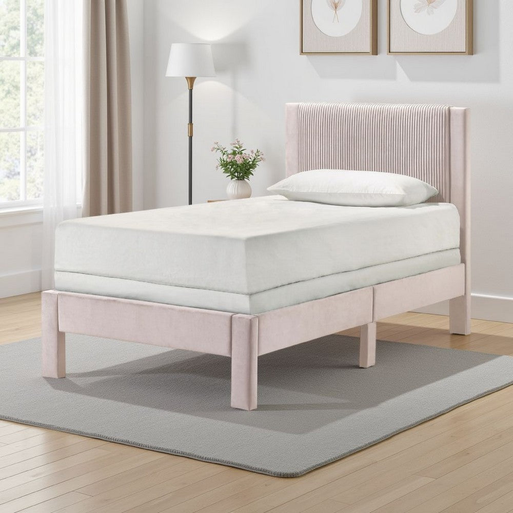Cery Twin Size Platform Bed | Pink Upholstery | Textured Headboard